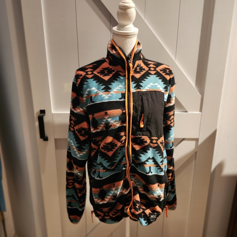 WESC Men's M Women's L Fleece Patterned Jacket w/Orange Moritz Blanket AOP